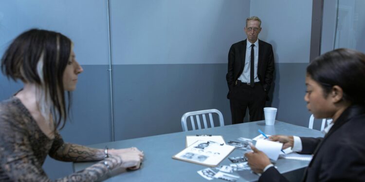 Law enforcement officials collaborating on a crypto fraud investigation in a conference room.