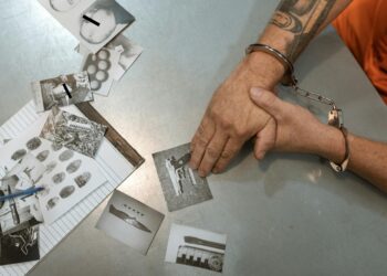 A man in handcuffs exits a courthouse, surrounded by media, amid a fraud investigation.