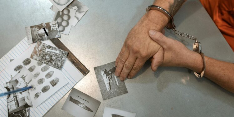 A man in handcuffs exits a courthouse, surrounded by media, amid a fraud investigation.