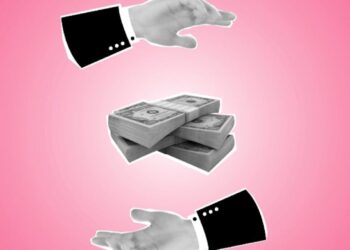 Blockchain network graphics overlaying credit rating symbols in a financial context.