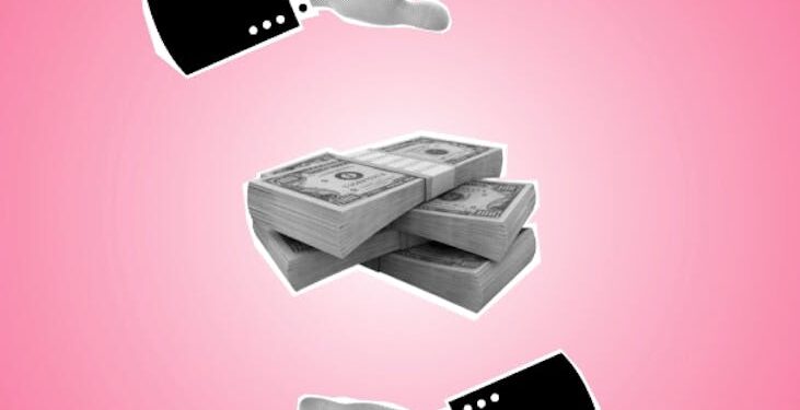 Blockchain network graphics overlaying credit rating symbols in a financial context.