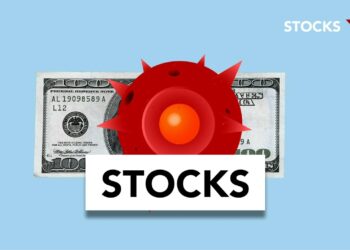 Bhutan's flag with a backdrop of Bitcoin logos and stock market decline graphics.