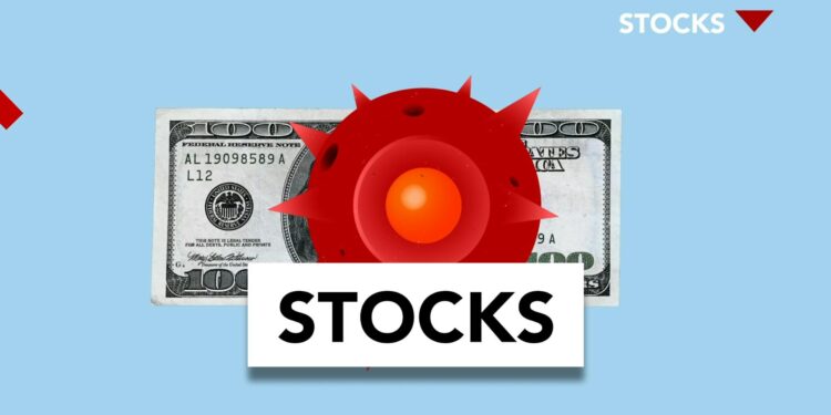 Bhutan's flag with a backdrop of Bitcoin logos and stock market decline graphics.