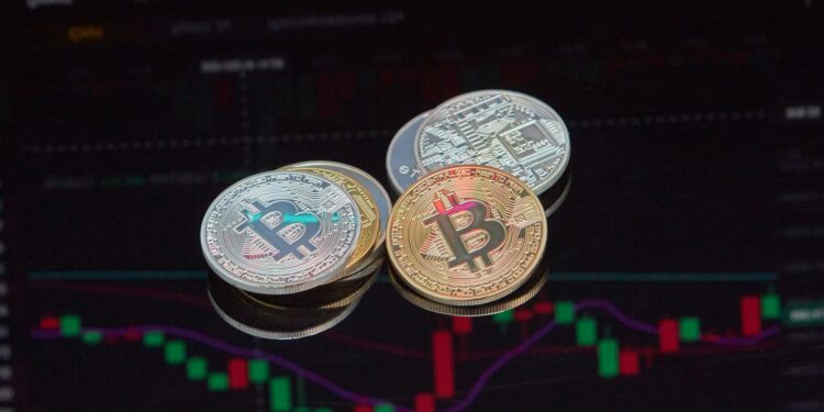 A digital display showing fluctuating Bitcoin prices against a backdrop of financial news.