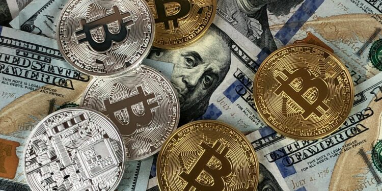 A digital illustration of fake Tron tokens against a backdrop of Bitcoin and dollar bills.