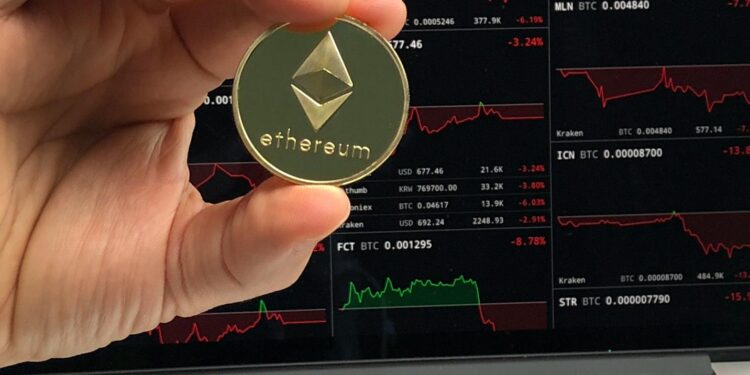 Ethereum coins stacked with a chart showing rising cryptocurrency prices.