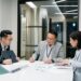 Businesspeople discussing cryptocurrency strategies in a modern office setting.