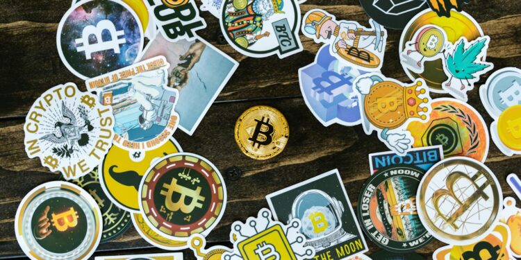 A busy Tokyo street with cryptocurrency symbols and Bitcoin signage in the background.