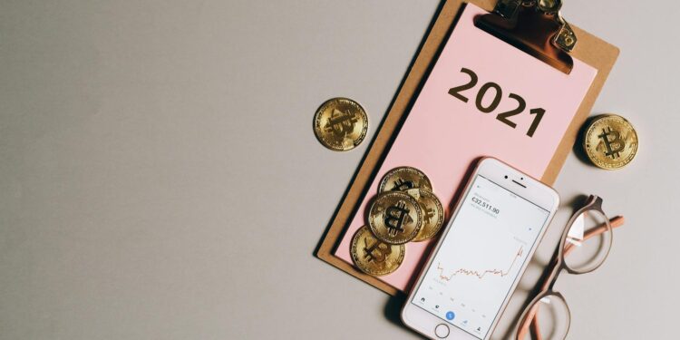 A stock chart with rising trends and golden tokens represents crypto investments in gold.