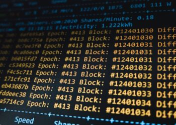 A data center filled with rows of Bitcoin mining rigs operating at full capacity.