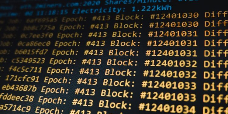 A data center filled with rows of Bitcoin mining rigs operating at full capacity.