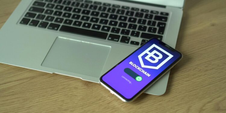 A digital graphic showcasing blockchain technology and AI integration in finance.