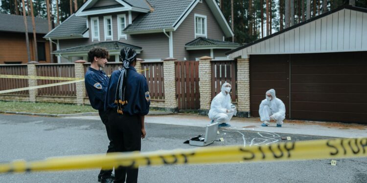 Scene of a police investigation with forensic team at a luxury home linked to crypto founder.