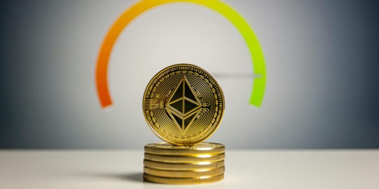 Bitcoin and Ethereum coins with a digital representation of growth, symbolizing market surge.