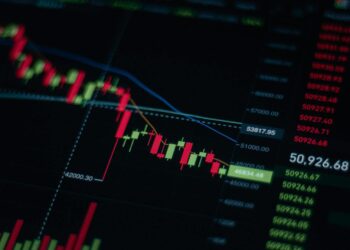 Bitcoin chart showing a downward trend with fluctuating prices and volume indicators.
