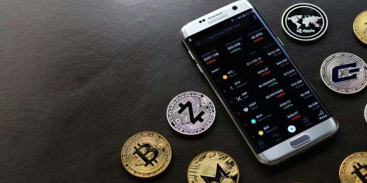 A smartphone displaying cryptocurrency transaction notifications with banking icons in the background.
