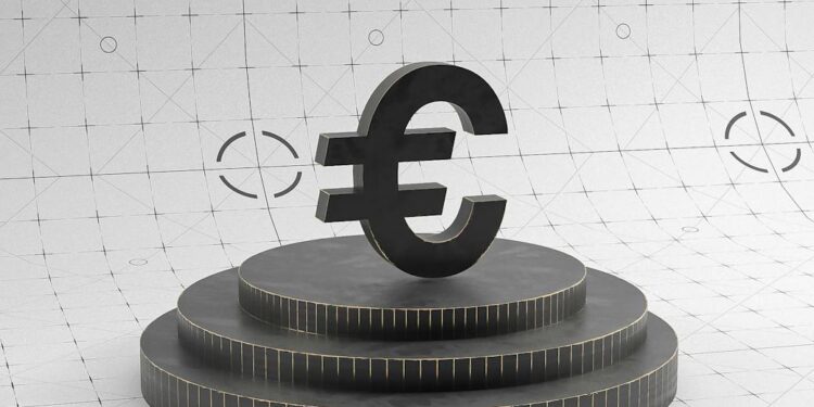 Currency symbols and digital code merging to symbolize the digital euro and financial innovation.