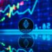 Ethereum coins stacked beside financial charts and graphs illustrating market trends.
