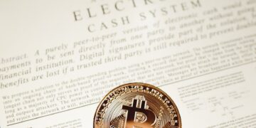 A digital illustration depicting cryptocurrency symbols alongside a gavel and a government document.