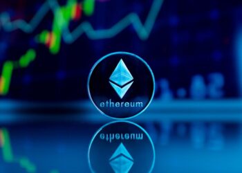 Ethereum logo superimposed on a background of digital currency symbols and graphs.