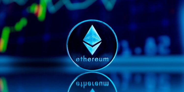 Ethereum logo superimposed on a background of digital currency symbols and graphs.
