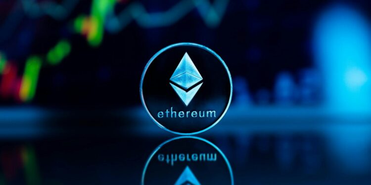 A digital representation of Ethereum coins amidst fluctuating market graphs.