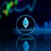 A digital representation of Ethereum coins amidst fluctuating market graphs.
