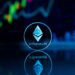 Ethereum logo with a digital backdrop showcasing rising ETH staking statistics.