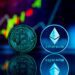 Crypto exchange logo with financial charts and digital currency symbols in the background.