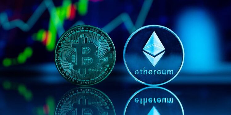 A digital representation of Bitcoin and Ether logos with financial graphs in the background.