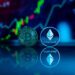 A digital representation of Bitcoin and Ether logos with financial graphs in the background.