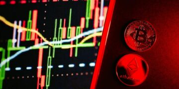 A digital illustration of cryptocurrencies and NFT gaming icons on a financial chart background.