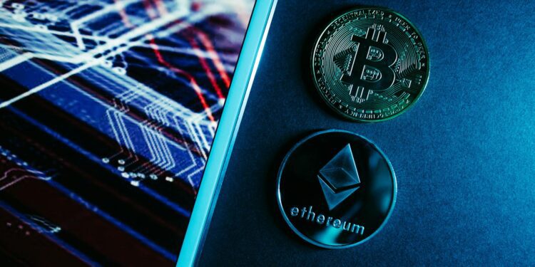 Bitcoin and Ethereum symbols with a calculator, representing smart contract audits in crypto finance.