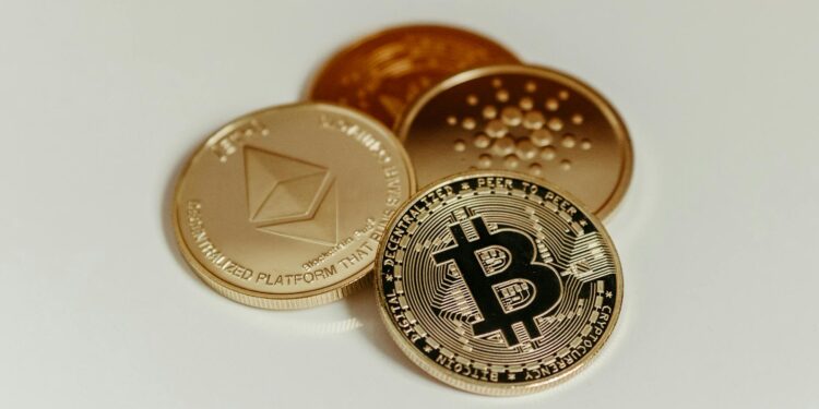 Coins and cryptocurrency symbols on a digital background with a fine notice overlay.