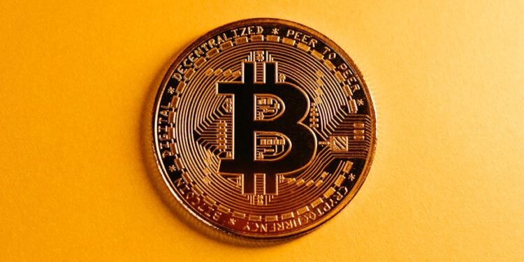 A tanker in the Strait of Hormuz with Bitcoin logos overlaying the scene, symbolizing crypto commerce.