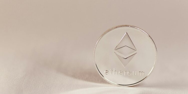 A digital graphic showcasing Ethereum blockchain elements and DeFi transactions.