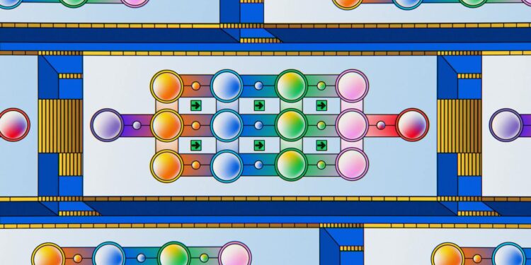 Abstract graphic showing a blockchain network with quantum computing elements and cryptocurrency icons.