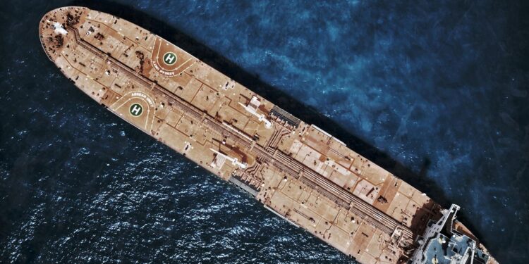 Oil tankers navigate the Strait of Hormuz with cryptocurrency toll signs on the water.