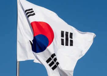 Digital representation of cryptocurrency with a North Korean flag and warning symbols.