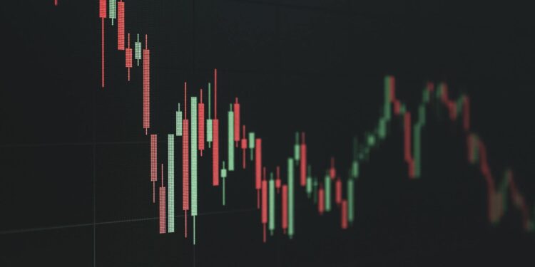 A visualization of a stock market decline with falling crypto graphs and Ether symbols.