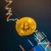 A close-up of Bitcoin and other cryptocurrencies on a financial chart background.