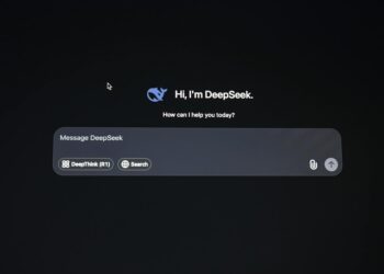DeepSeek team presents the V4 AI model at Huawei event, surrounded by tech displays and logos.
