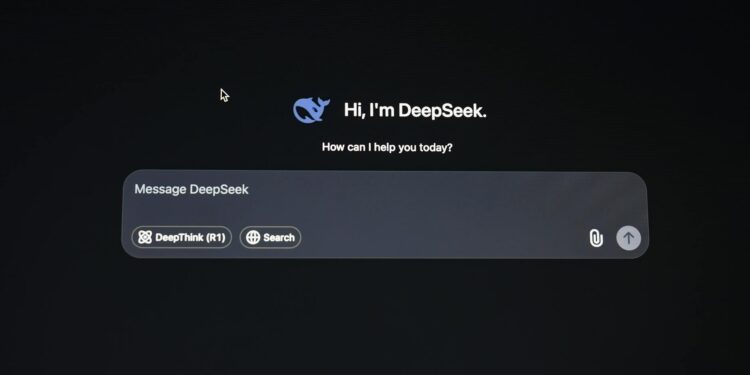 DeepSeek team presents the V4 AI model at Huawei event, surrounded by tech displays and logos.