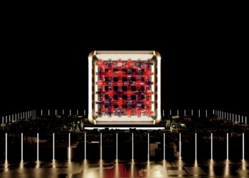 A digital representation of a blockchain with quantum symbols and security seals.