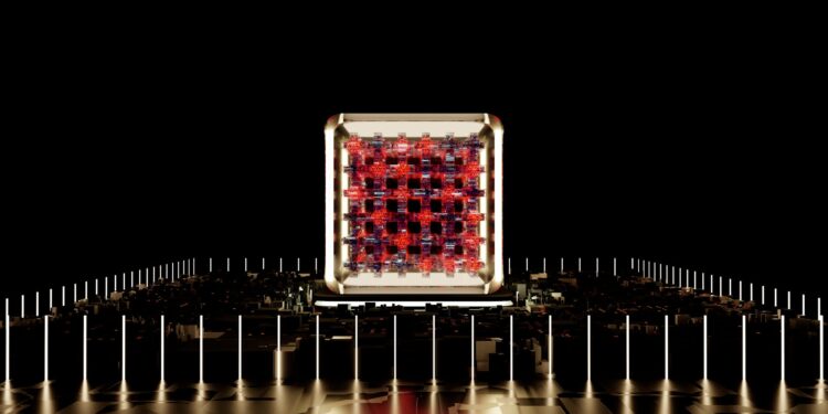 A digital representation of a blockchain with quantum symbols and security seals.