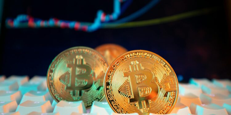 A graphic depicting blockchain technology with coins and financial charts.