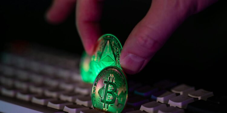 Digital illustration showing a hacker exploiting cryptocurrency systems, with money symbols.