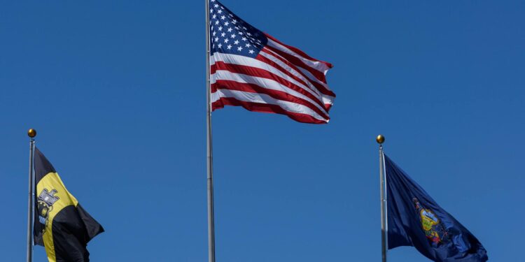 Wisconsin state flag next to symbols of prediction markets and gambling regulations.