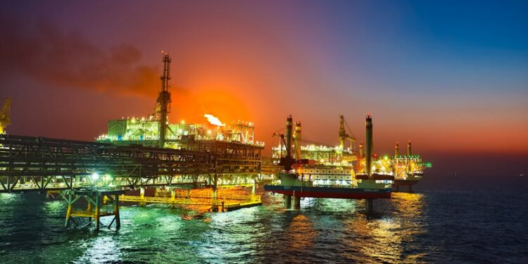 Oil rigs at sea with rising graphs, reflecting market volatility due to naval tensions.