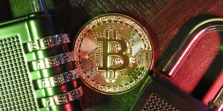 A digital lock representing cybersecurity measures overlaid on cryptocurrency symbols.